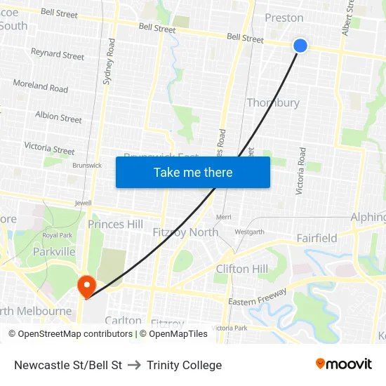 Newcastle St/Bell St to Trinity College map
