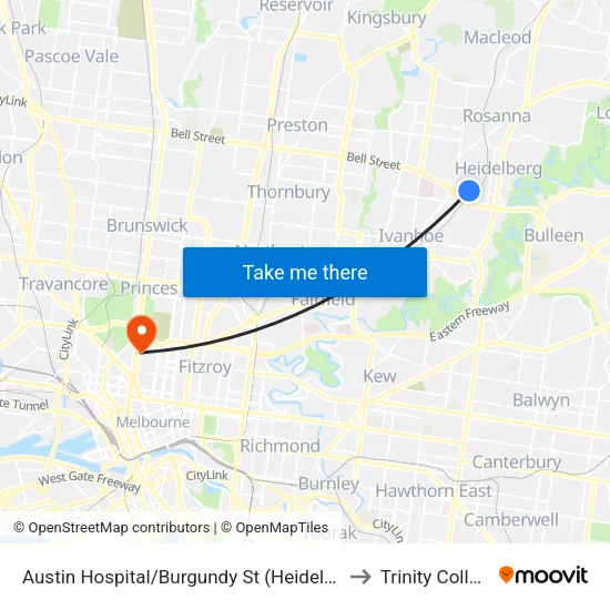 Austin Hospital/Burgundy St to Trinity College map