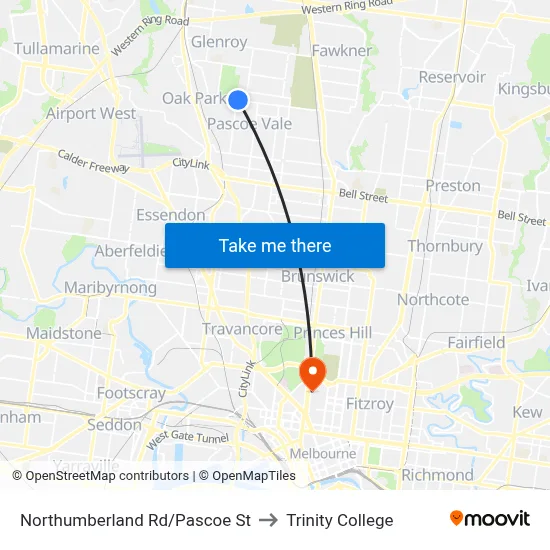 Northumberland Rd/Pascoe St to Trinity College map