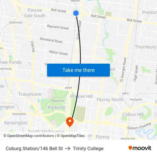 Coburg Station/146 Bell St to Trinity College map