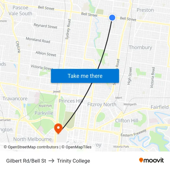Gilbert Rd/Bell St to Trinity College map