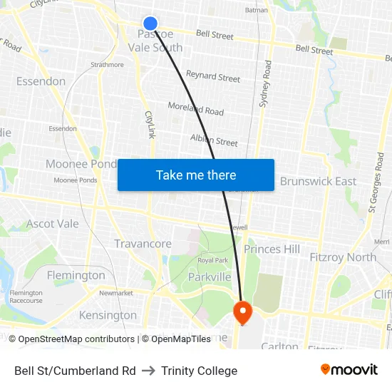 Bell St/Cumberland Rd to Trinity College map