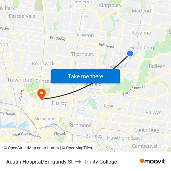 Austin Hospital/Burgundy St to Trinity College map