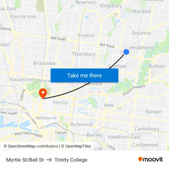 Myrtle St/Bell St to Trinity College map