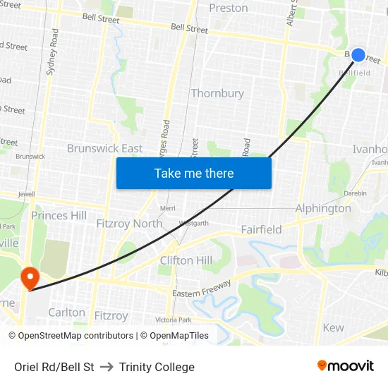 Oriel Rd/Bell St to Trinity College map