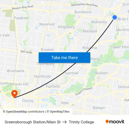 Greensborough Station/Main St to Trinity College map