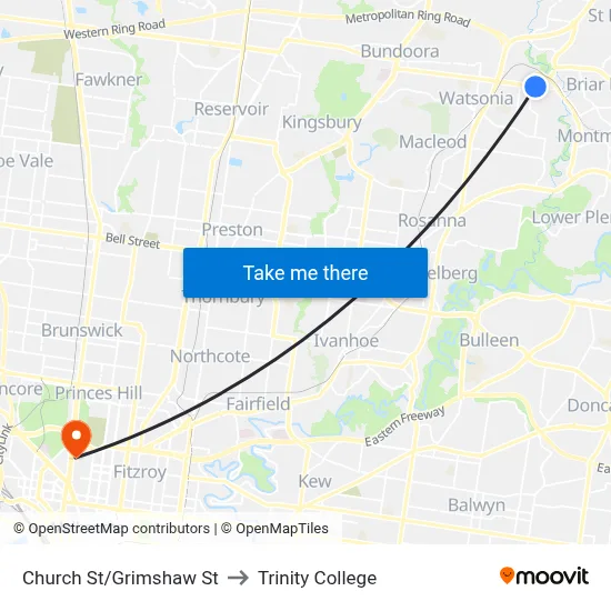 Church St/Grimshaw St to Trinity College map