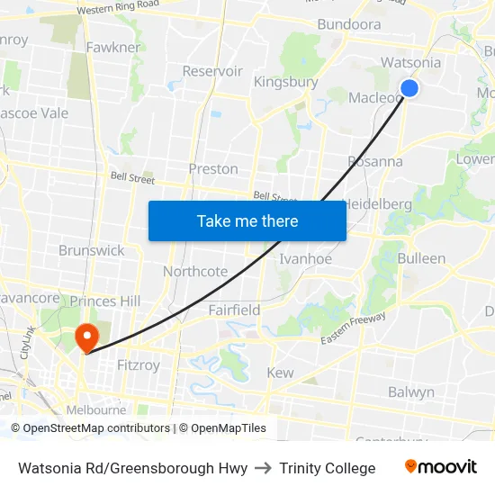 Watsonia Rd/Greensborough Hwy to Trinity College map