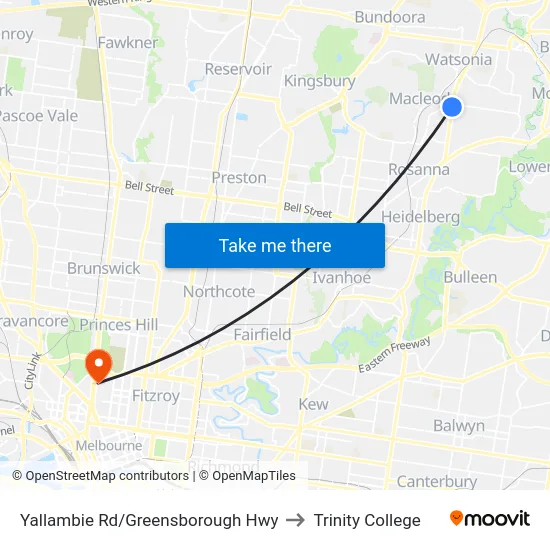 Yallambie Rd/Greensborough Hwy to Trinity College map