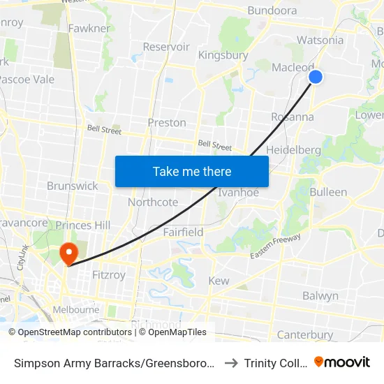 Simpson Army Barracks/Greensborough Hwy to Trinity College map