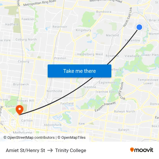 Amiet St/Henry St to Trinity College map