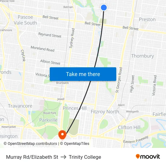 Murray Rd/Elizabeth St to Trinity College map