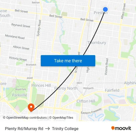 Plenty Rd/Murray Rd to Trinity College map