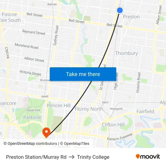 Preston Station/Murray Rd to Trinity College map