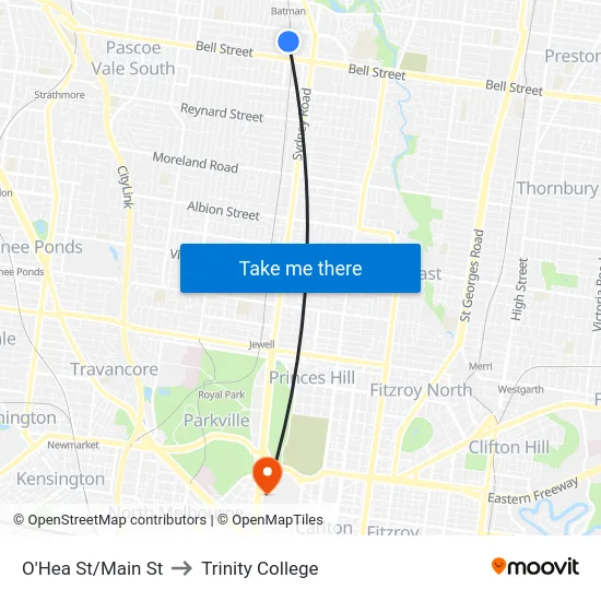 O'Hea St/Main St to Trinity College map