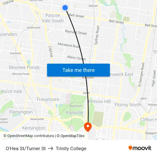 O'Hea St/Turner St to Trinity College map
