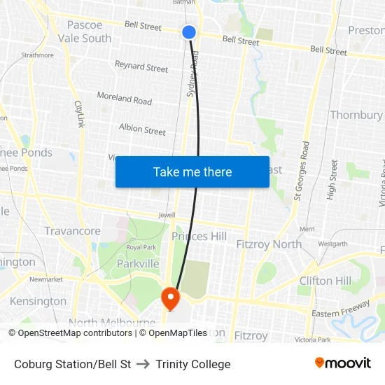 Coburg Station/Bell St to Trinity College map