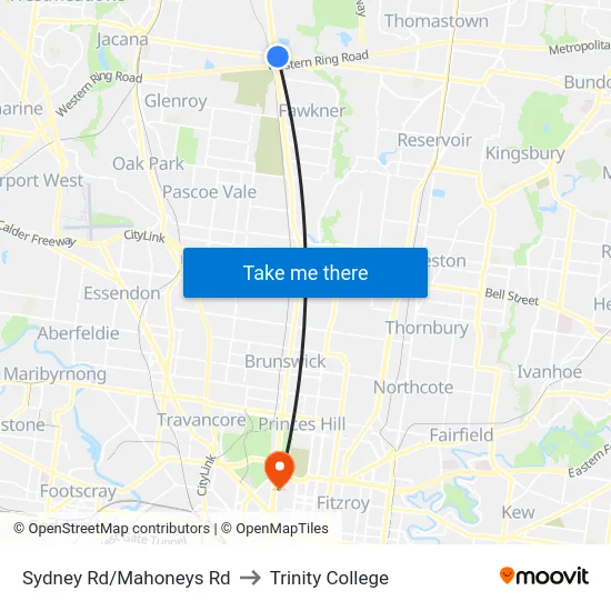 Sydney Rd/Mahoneys Rd to Trinity College map
