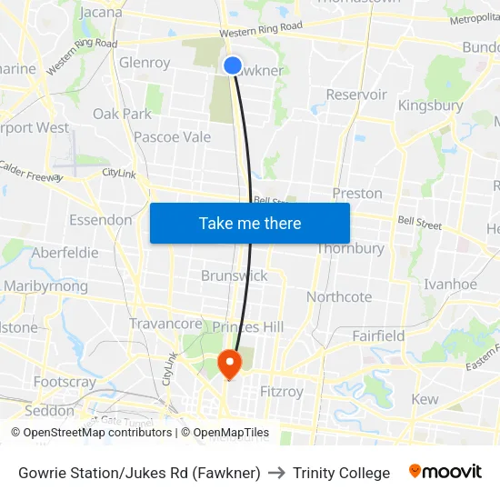 Gowrie Station/Jukes Rd to Trinity College map