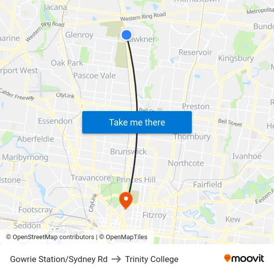 Gowrie Station/Sydney Rd to Trinity College map