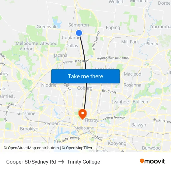 Cooper St/Sydney Rd to Trinity College map