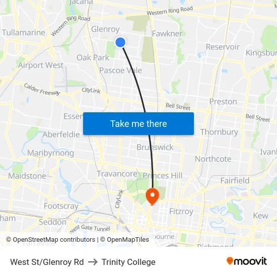 West St/Glenroy Rd to Trinity College map
