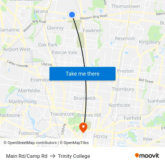 Main Rd/Camp Rd to Trinity College map