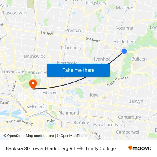 Banksia St/Lower Heidelberg Rd to Trinity College map