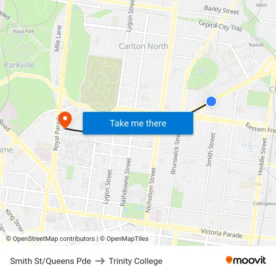 Smith St/Queens Pde to Trinity College map