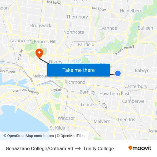 Genazzano College/Cotham Rd to Trinity College map