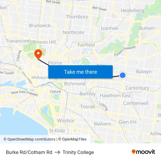 Burke Rd/Cotham Rd to Trinity College map