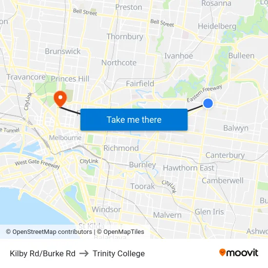 Kilby Rd/Burke Rd to Trinity College map