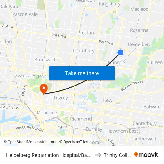 Heidelberg Repatriation Hospital/Banksia St to Trinity College map