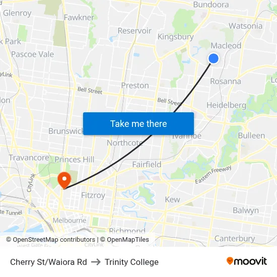 Cherry St/Waiora Rd to Trinity College map