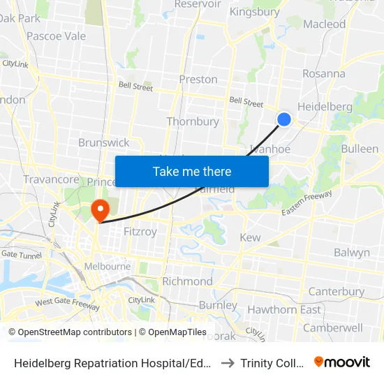 Heidelberg Repatriation Hospital/Edwin St to Trinity College map