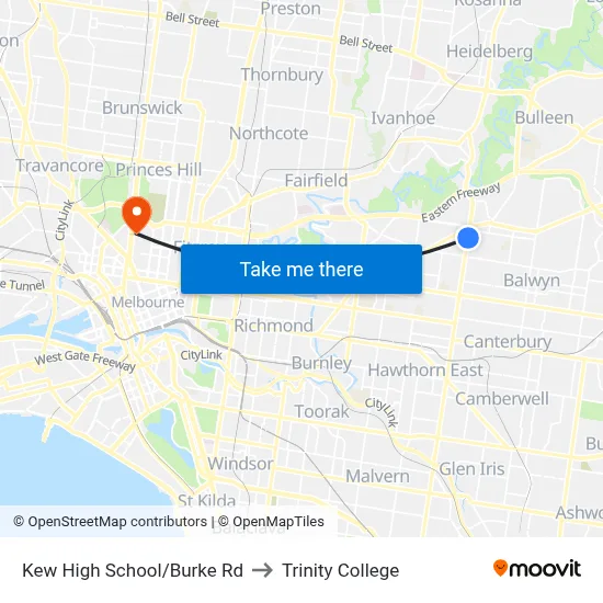 Kew High School/Burke Rd to Trinity College map