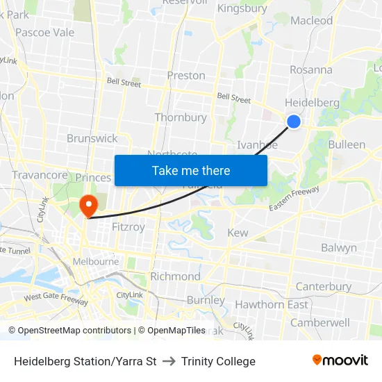 Heidelberg Station/Yarra St to Trinity College map