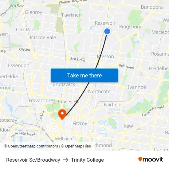 Reservoir Sc/Broadway to Trinity College map