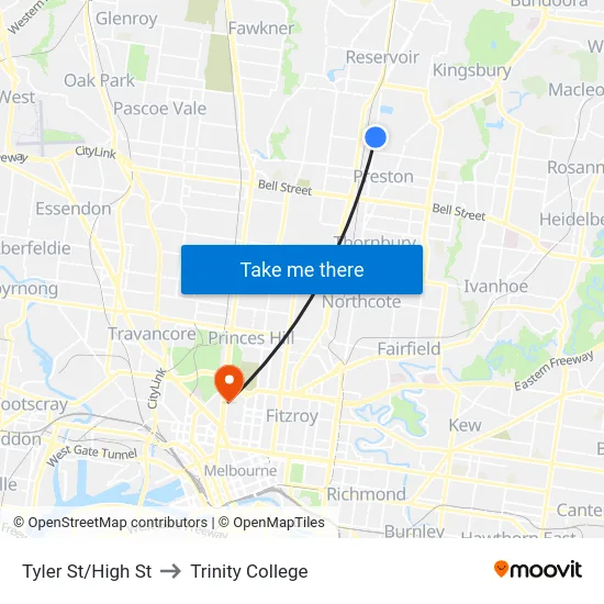 Tyler St/High St to Trinity College map