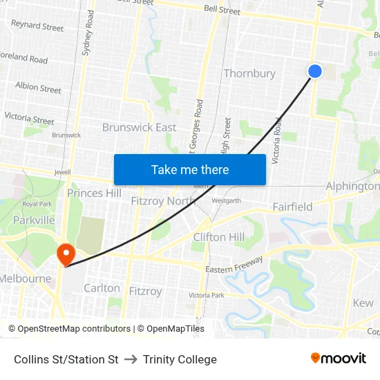 Collins St/Station St to Trinity College map