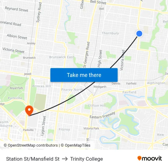 Station St/Mansfield St to Trinity College map