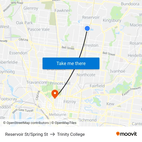 Reservoir St/Spring St to Trinity College map