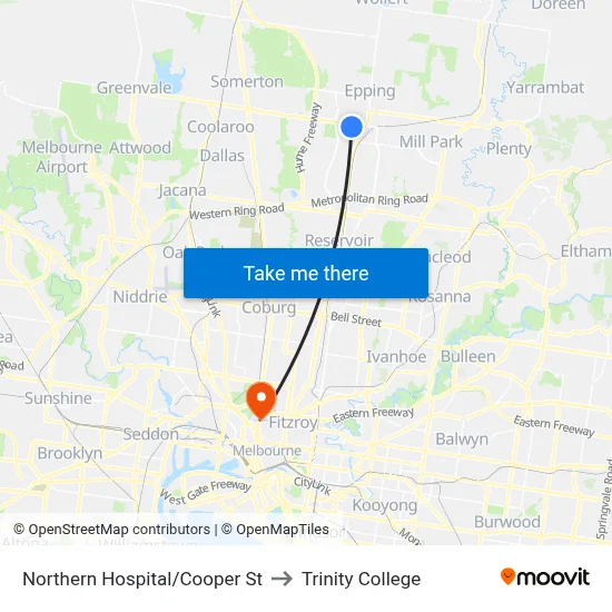 Northern Hospital/Cooper St to Trinity College map