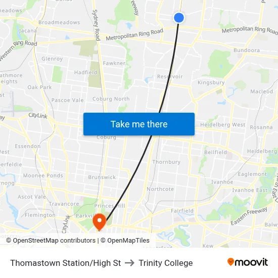 Thomastown Station/High St to Trinity College map