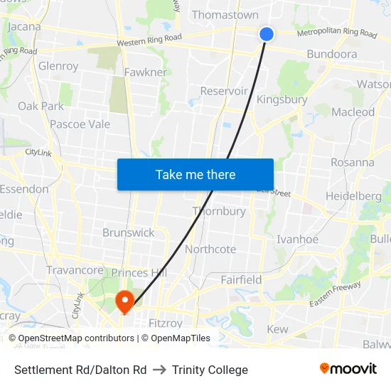 Settlement Rd/Dalton Rd to Trinity College map