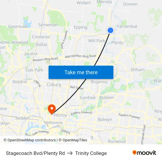 Stagecoach Bvd/Plenty Rd to Trinity College map