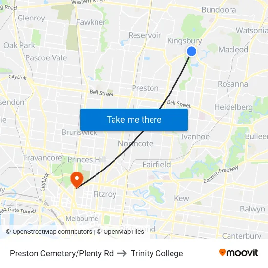 Preston Cemetery/Plenty Rd to Trinity College map