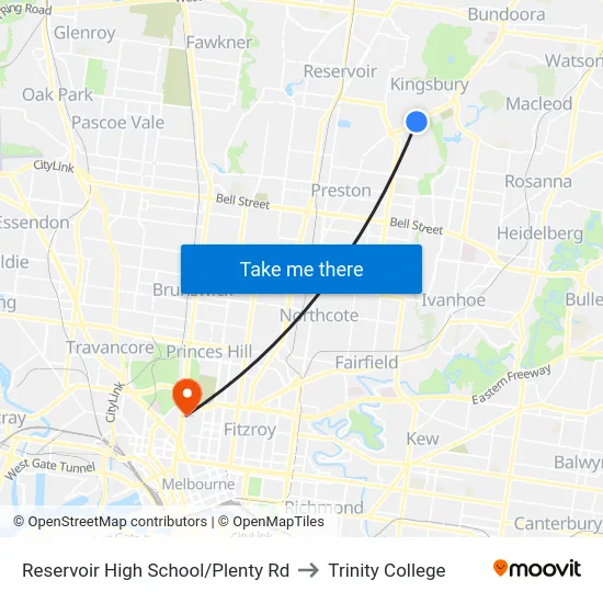 Reservoir High School/Plenty Rd to Trinity College map