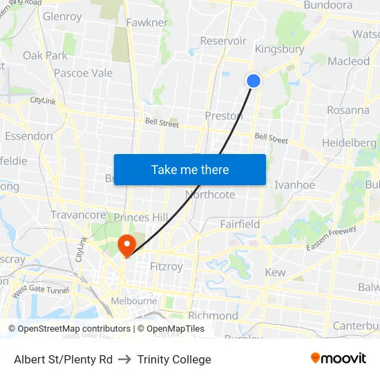 Albert St/Plenty Rd to Trinity College map