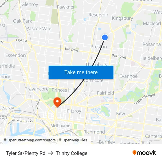 Tyler St/Plenty Rd to Trinity College map